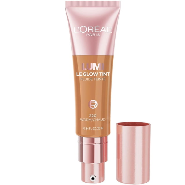 L'Oréal Paris Lumi Le Glow Tint skin tint foundation in shade 220 Warm, a 25 ml water-based lightweight liquid foundation tube with rose gold pump and cap, providing a radiant, hydrating, second-skin finish suitable for sensitive skin.