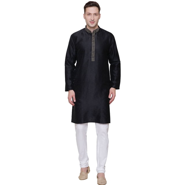 Kurta Pyjama pour Homme Vêtements Inde Tenue de Mariage en Noir, Taille G. Cette Tenue Traditionnelle pour Homme Présente un Tissu jacquard en Soie 100 % polyester avec des Motifs de Brocart Complexes, un Col Mandarin et une Encolure Henley. Comprend un Pyjama churidar Blanc avec Cordon de Serrage Ajustable pour un Ajustement sur Mesure. Tenue Ethnique Parfaite pour Mariages, Diwali, Aïd et Fêtes Inspirées du Bollywood.