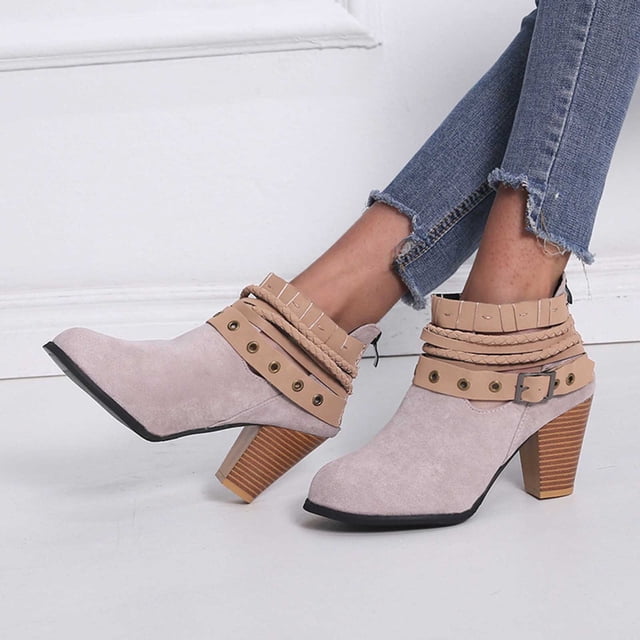 EGNMCR Bottines pour Femmes Bottines Rétro pour Femmes Mode Fermeture Éclair Arrière Boucle de Ceinture Bottines Épaisses