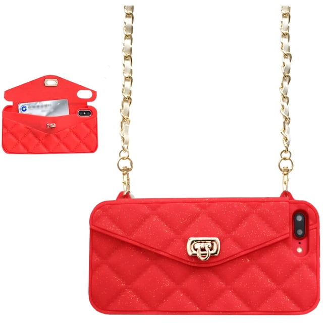 Wallet Case Compatible with iPhone, Pretty Luxury Bag Design, Purse Flip Card Pouch Cover Soft Silicone Case with Hand Holder Long Shoulder Strap(Red,iPhone XS max)