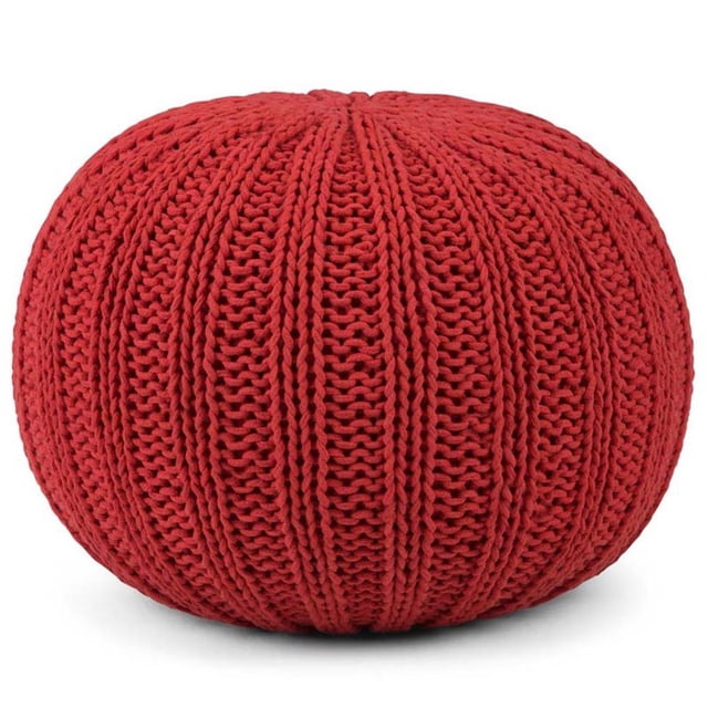 Simpli Home Shelby Pouf Rond Bohème en Tricot à la Main en Coton Rouge Bonbon