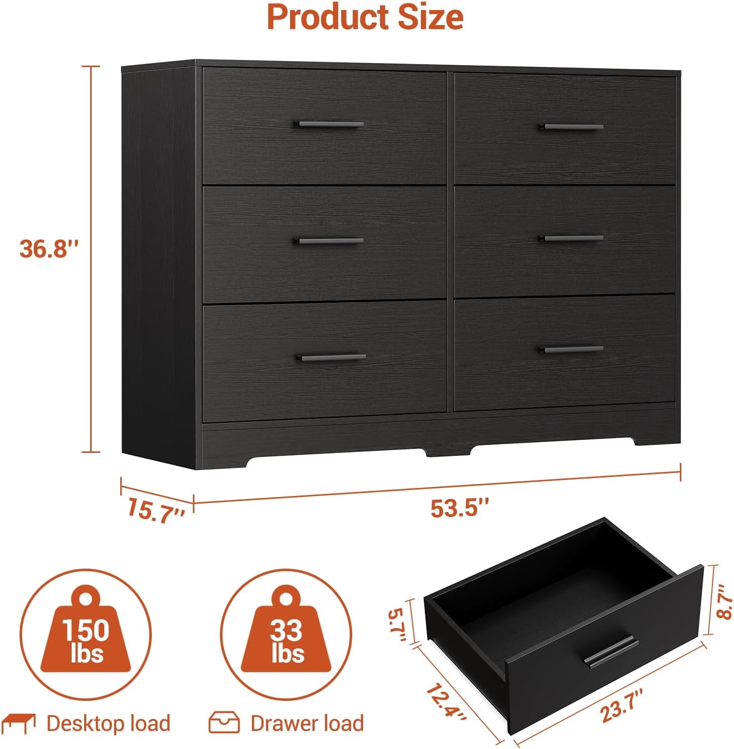 Ourlova Commode à 6 Tiroirs Commode Moderne Structure Durable avec Tiroirs Profonds Dispositif Anti-Basculement pour Maison Bureau Salon