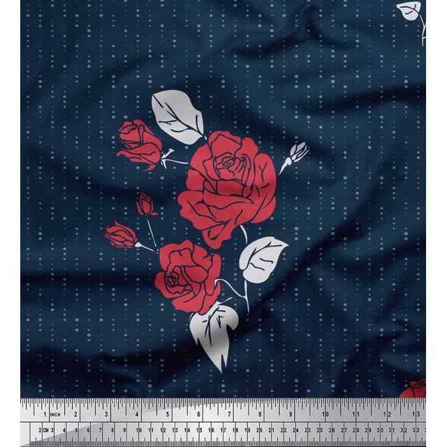 Soimoi Rayon Fabric Dot,Leaves & Rose Flower Print Sewing Fabric Yard 56 Inch Wide