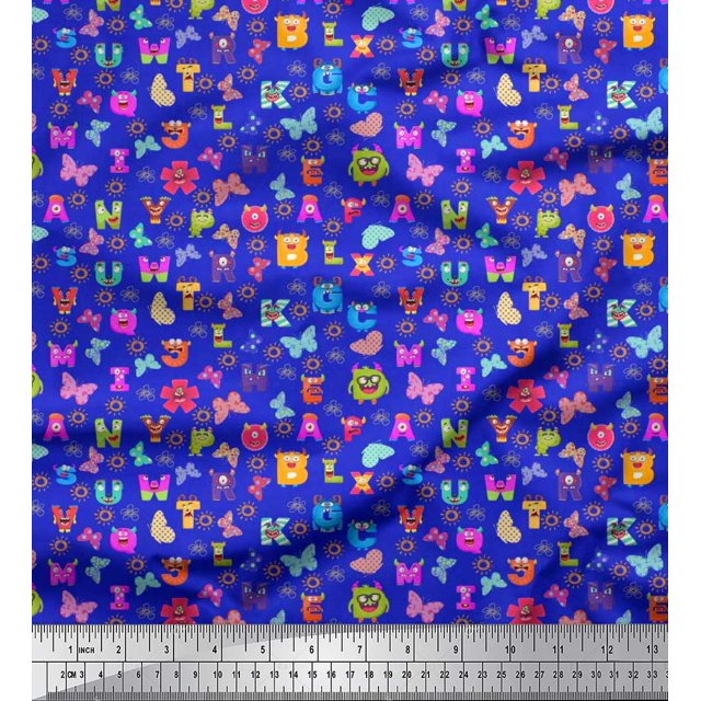 Soimoi Blue Velvet Fabric Insect,Sun & Cartoon Alphabets Text Printed Craft Fabric by The Yard 58 Inch Wide