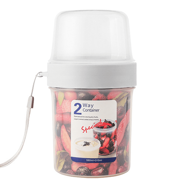 Breakfast On The Go Cups, yogurt portable cups with large capacity and sealed double-layer design. This BPA-free plastic food storage container features a transparent lid and a separate compartment for cereal, oatmeal, or fruit. Includes a carrying strap for portability and is ideal for keeping food fresh without odor. Suitable for professionals, students, and travelers.