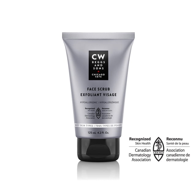 CW Beggs and Sons Exfoliant pour le Visage en tube Argent-Gris de 125 ml avec Capuchon Rabattable Noir, Hypoallergénique et Convient à Tous les types de Peau, Contenant des Particules de Bambou pour une exfoliation Douce et de la Provitamine B5 pour Protéger l'Hydratation de la Peau, Reconnu par l'Association Canadienne de Dermatologie.