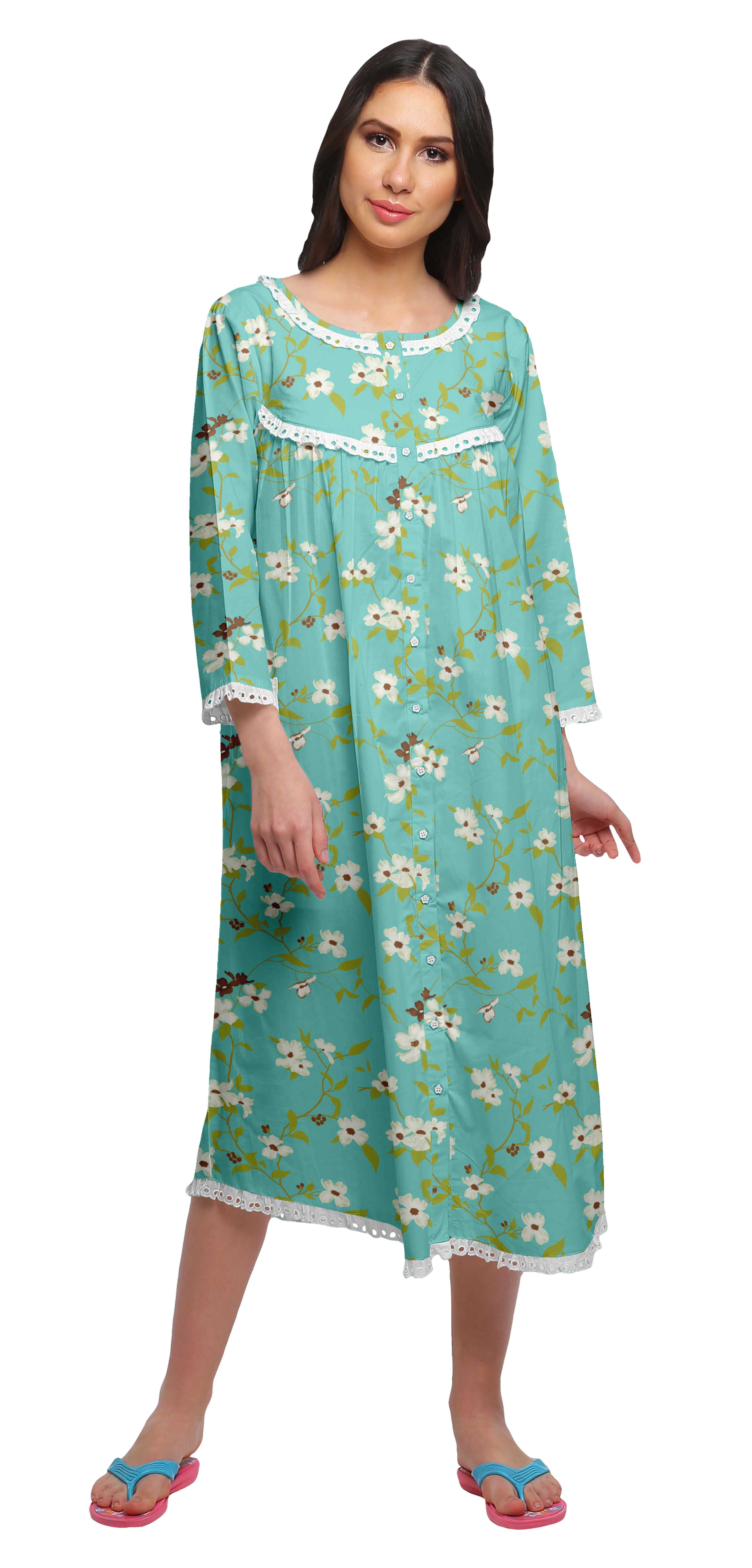 Moomaya Robe de Nuit Imprimée Longueur Genou en Coton avec Bordure en Dentelle Manches 3/4 pour Femmes