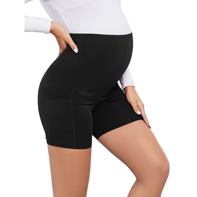 Maternity Shorts, Womens Solid Color High Waisted Belly Lifting Pocket Maternity Shorts