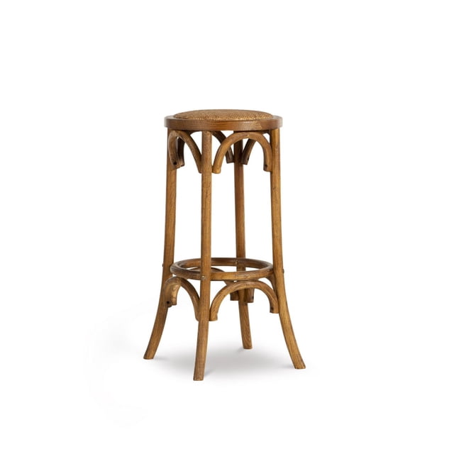 Whit Rattan Seat Backless Barstool, Walnut with a round woven natural rattan seat and a sturdy elm wood frame in walnut brown finish. It features four curved legs connected by a circular footrest 12 inches from the floor, ideal for home bars or high-top tables and suitable as extra kitchen seating.
