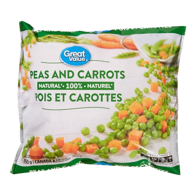 Great Value Peas and carrots frozen vegetables bag containing diced orange carrots and green peas, 100% natural with no preservatives, 750 g package that cooks quickly in microwave or stovetop, ideal for adding vegetables to casseroles and family meals.