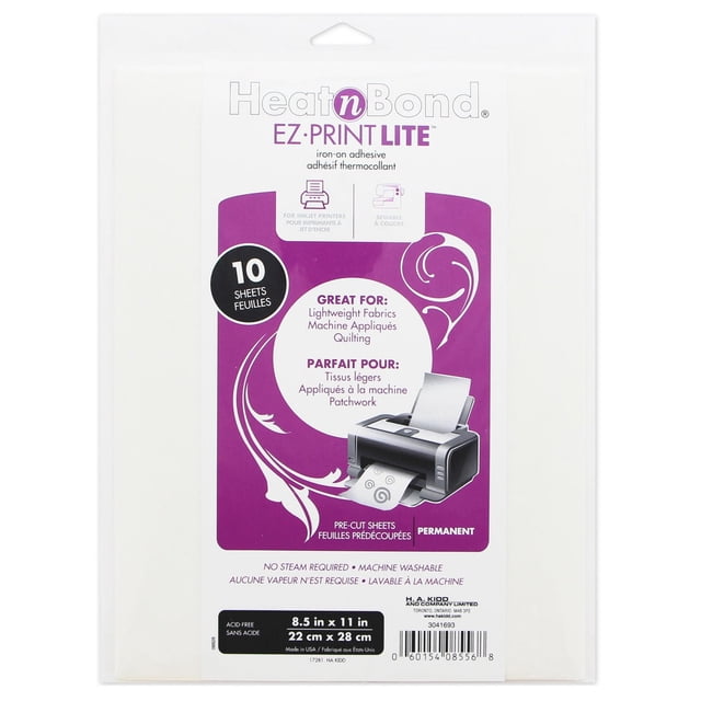 HEATNBOND EZ Print Lite Paquet Adhésif Thermocollant avec 10 Feuilles Pré-Découpées Mesurant 8,5 x 11 Pouces (22 x 28 cm), Conçu pour les Tissus Légers, les appliqués à la machine et le Courtepointe, avec une Étiquette Violette avec Imprimante et Icônes de Couture, Aucune Vapeur Requise et Lavable à la machine.