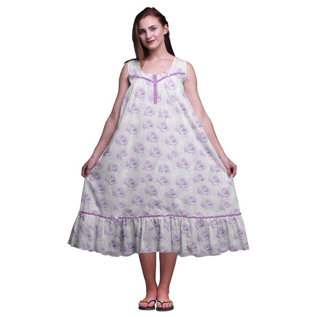 Bimba Lavender2 Floral Rose Mi-Mollet Vêtement de Nuit Femme Coton Imprimé Sans Manches Robe de Nuit Maxi X-Small