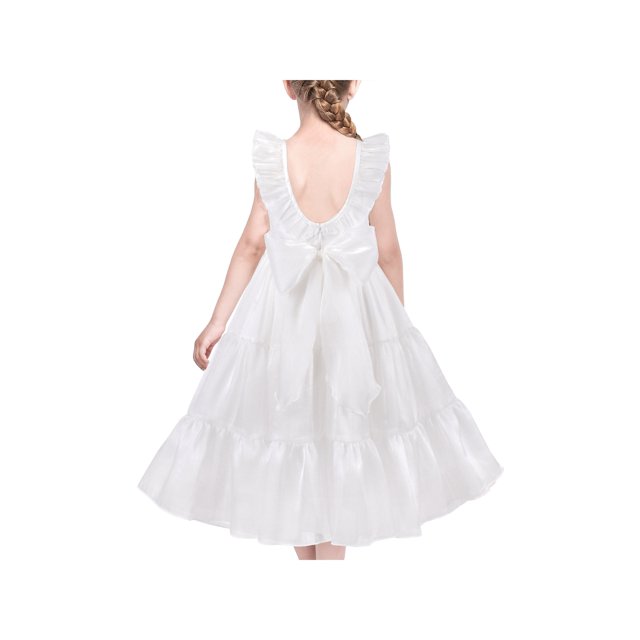 Robe de Demoiselle d'Honneur Enfant Blanche Longue à Volants Midi Sans Manches Mariage Fête 8 Ans