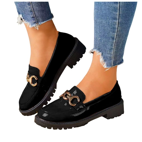 Women's Loafers Platform Comfortable Slip On Dressy Shoes Business Casual Patent Leather Mary Jane Shoes with Metal Chain Black Size 7