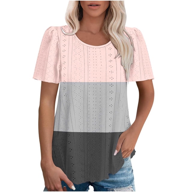 Plebaso Hauts pour Femmes Chemises à Œillets Manches Courtes T-Shirts Amples Col Rond Décontracté Blouses Tendance