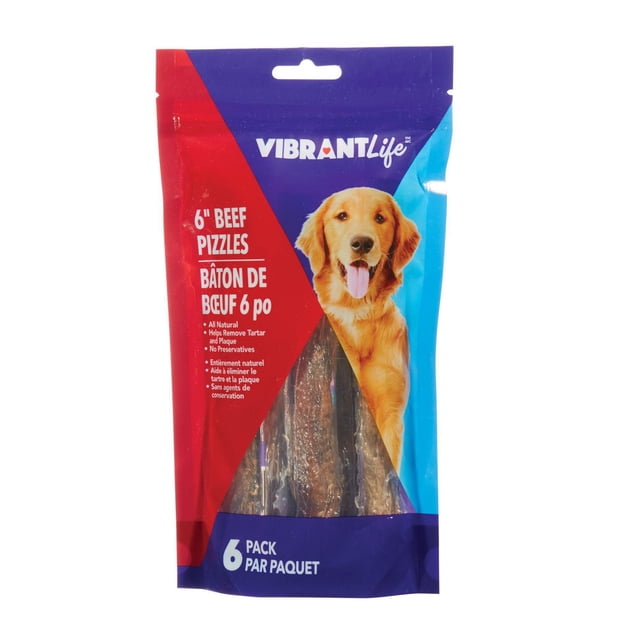 Vibrant Life Beef Pizzles 6 pack dog treats in resealable bag with red, blue, and purple design, bilingual English and French text stating all-natural, helps remove tartar and plaque, no preservatives, showing six 6-inch beef pizzles inside, suitable for dental health support.