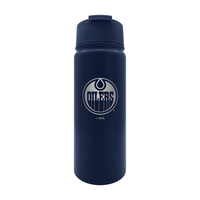 Acier Inoxydable Exécutif 18 Oz LNH WATER BOTTLE Oilers d'Edmonton avec Corps en Acier Inoxydable Bleu Marine à Double Paroi Isolé sous Vide, logo d'Équipe Argent, Couvercle Anti-Déversement et Grand Ouverture, Conçu pour Garder les Boissons Chaudes Ou Froides et Convient à l'Hydratation Lors des Activités Sportives Ou de Plein Air.