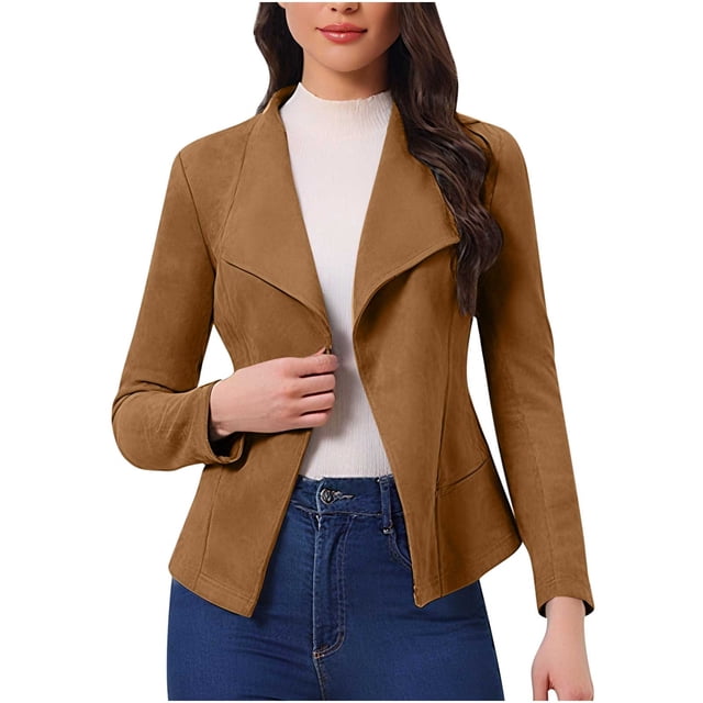 Économies d'Automne! srobpty Veste à Manches Longues pour Femme, Veste Courte à Col à Revers pour Femme en Suède Uni, Mode Décontractée, Tissu Confortable, Kaki, TG