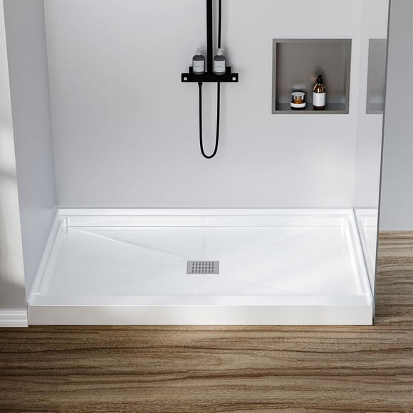 48" x 32" Non-Slip Shower Base - Center Drain SMC Shower Pan with 304 Stainless Steel Drain Cover, Single Threshold Bathroom Floor Tray Easy Installation