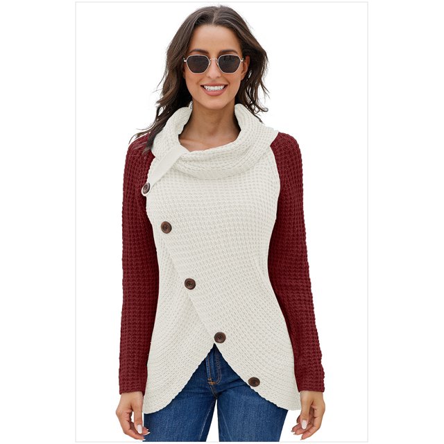 Chandails Femme Chauds Chandails Asymétriques Tricotés Col Roulé Uni Cache-Cœur Tricoté Manches Longues Chemises Hauts Décontracté TG