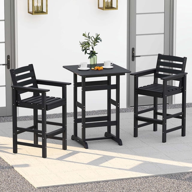 Costway 3-Piece Patio HDPE Bar Set Armchairs with Square High-Top Table Footrest Backrest Black