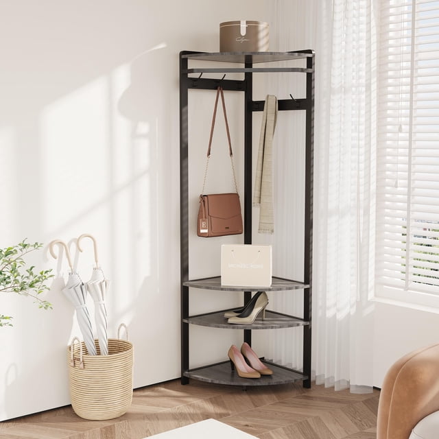 AKDSteel Freestanding Corner Coat Rack with Shelves and Bench for Entryway