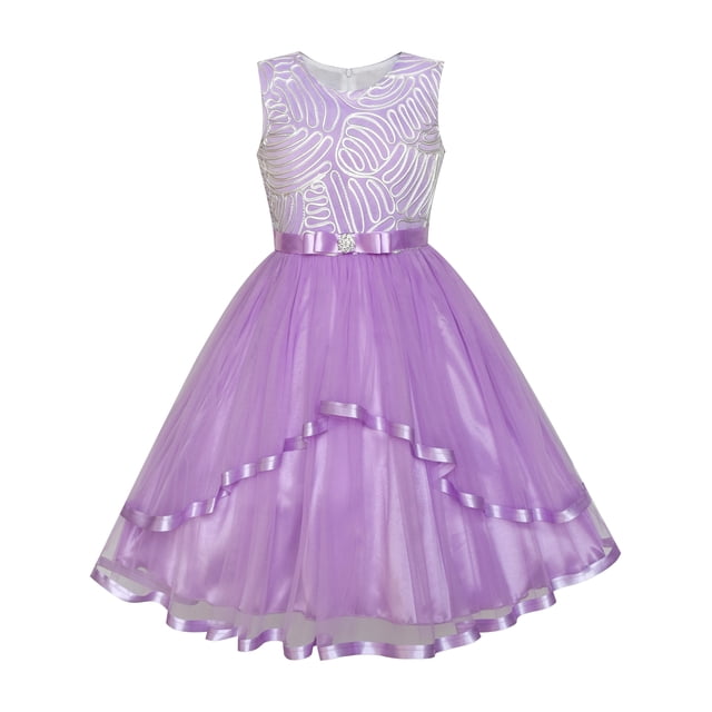 Robe de Demoiselle d'Honneur pour Fillette Violette avec Ceinture Mariage Fête Demoiselle d'Honneur 5 Ans