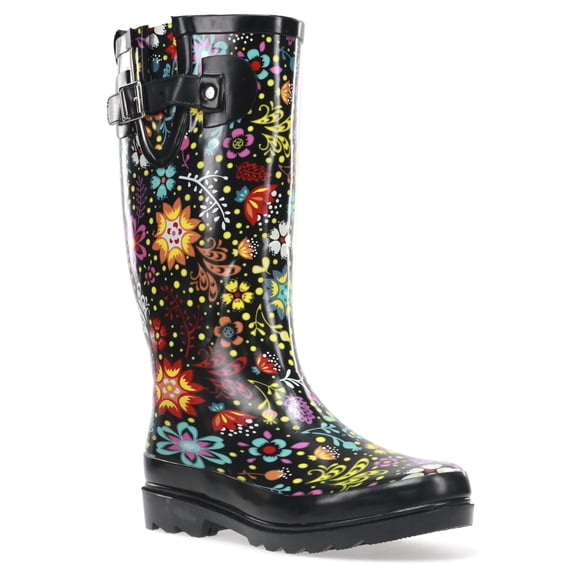 Western Chief Women's Printed Tall Rain Boot Black / Garden Play Mid-Calf Rubber - 8M