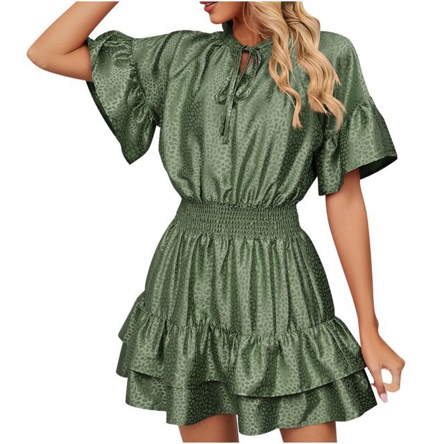 EQWLJWE Robes d'Été pour Femmes 2023 Mode pour Femmes Couleur Unie Confortable Ample à Manches Courtes Décontractée Robe en Dentelle à Découpes
