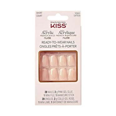KISS Salon Acrylique - Manucure Française Nude - Ongles Prêts-à-Porter - Rythmes Chics - Squoval - Très Court