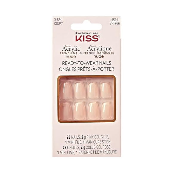 KISS Salon Acrylique - Manucure Française Nude - Ongles Prêts-à-Porter - Rythmes Chics - Squoval - Très Court