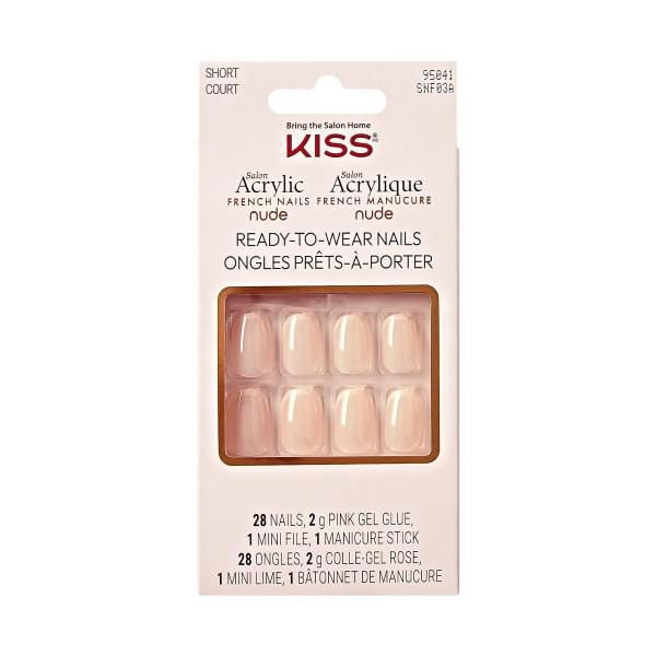 KISS Salon Acrylic French Nude Fake Nails Chic Beats Squoval Real Short 28 count with short squoval nude acrylic press-on nails featuring French tips, including 2g pink gel glue, mini file, and manicure stick for easy at-home application and a salon-quality finish.