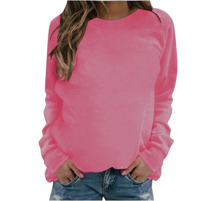 PEZHADA Chandails d'Automne pour Femmes en Liquidation Chandail à Col Rond pour Femmes, Chandail à Enfiler pour Femmes à Manches Longues Col Rond Chandail Uni Hauts Blouse Rose Vif