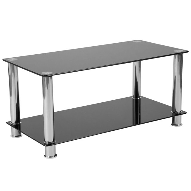 Table à café en verre noir de la collection Riverside avec étagères et cadre en acier inoxydable