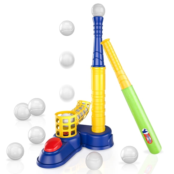 T Ball Set Toys for Kids Boys 3-5 5-8, Blue & Yellow, Kids Baseball Tee Toys Includes 10 Balls, Auto Ball Launcher, Outdoor Outside T-Ball Set Sport Toys Birthday Gifts for 3 4 5 6 Year Old Boys Kids