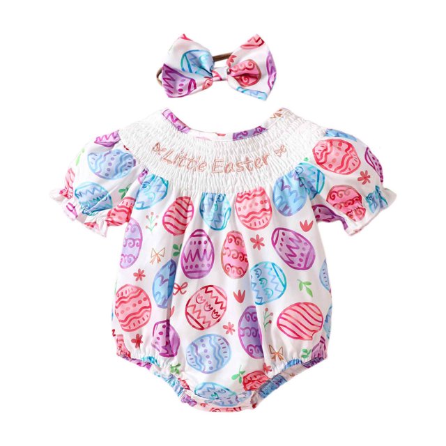 GPOECD Girls Short Sleeve Easter Cartoon Prints Romper Bodysuits Headbands Set Short Sleeve Rompers for Children Pink-E,6-12 Months
