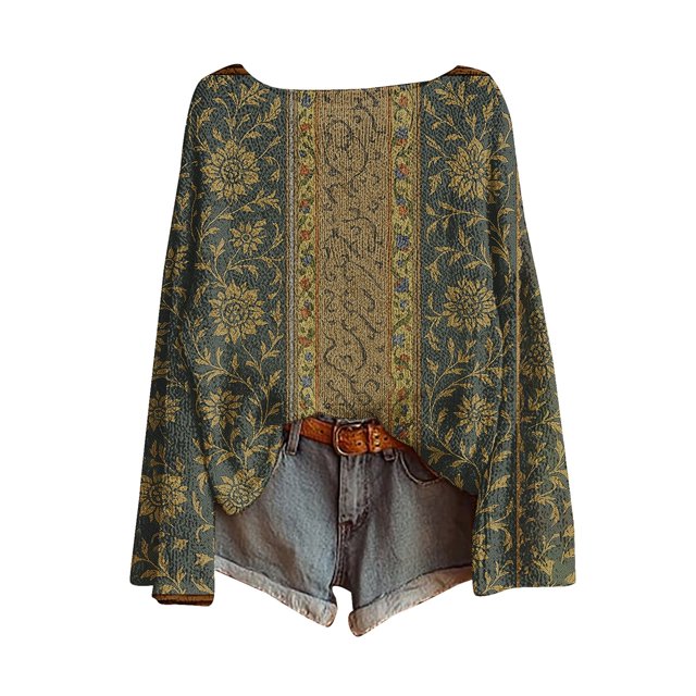 WTXUE Chandail Fair Isle pour Femmes Impression Artistique Vintage Fair Isle Chandail Rétro Chemisiers Légers Hauts Boho Tricot Rétro Automne Décontracté Ample Col Rond Manches Longues Chandail Surdimensionné Hauts Vert Noirâtre S