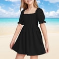 thumbnail image 2 of LUOGENLI Dress Summer Girls Chiffon Ruffle Mini Dress Square Neck Short Sleeve Solid A Line Dress Dress for Girls Midi Length with Pockets Black 3-4 Years, 2 of 5