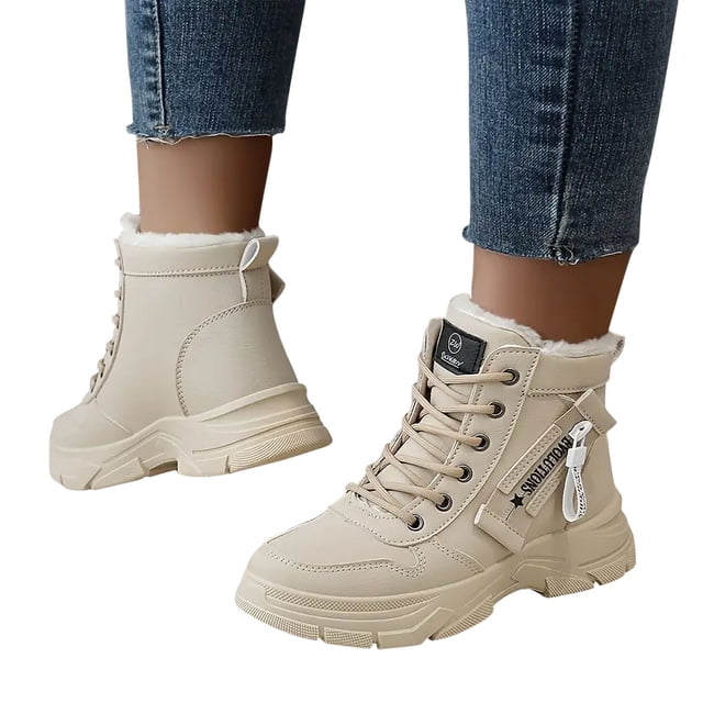 LSLJS Womens Snow Boots Versatile Warm High-top Snow Boots Cotton Shoes Velvet Work Boots in beige color. These high-top boots feature a lace-up design with a side zipper detail and a plush velvet lining for warmth and comfort. The durable rubber sole provides non-slip traction, making them suitable for winter conditions. Shown worn with rolled-up denim jeans.