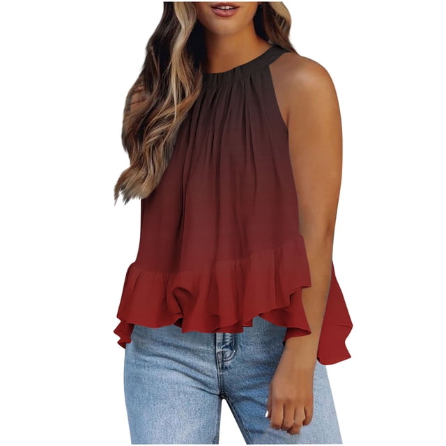 Weiqiqre Womens Tops Adjustable Tie Neckline Ruffle Hem Sleeveless Flowy Halter Tops