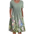thumbnail image 1 of QJUHUNG Midi pour Femmes Été Décontracté Ample Bohème à Imprimé Floral Col Ras du Cou Manches Courtes Longueur Genou Robe Froncée avec Poches, 1 of 4