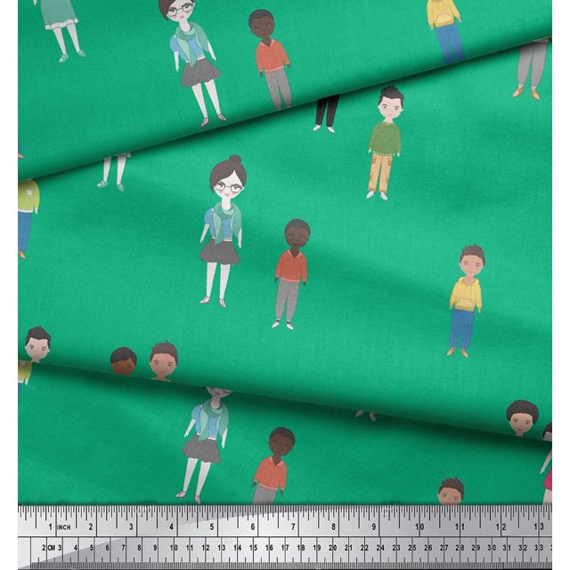 Soimoi Green Silk Fabric Human Group Print Fabric by the Yard 42 Inch Wide