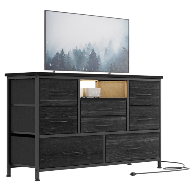Ourlova Meuble Télé à 8 Tiroirs avec Prise de Courant et DEL pour Télé de 55 Pieds', Longue Commode pour Chambre avec 8 Tiroirs Profonds, Grand Table Console pour Rangement dans le Garde-Robe
