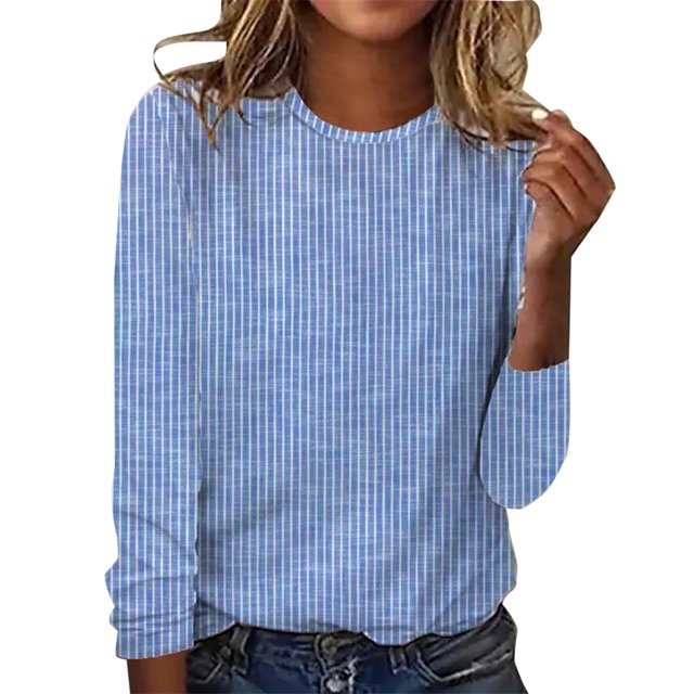 WTXUE T-Shirts à Manches Longues, Chandails à Col Rond pour Femmes Automne Hiver Décontractés à Rayures T-Shirt Haut Rayé Hauts Décontractés pour Femmes Bleu/à Rayures S