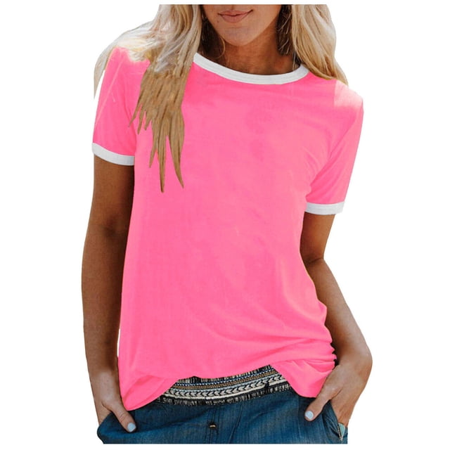 Pompotops T-shirt Uni pour Femme, Manches Courtes, Blouse à Col Rond, Hauts Décontractés, Liquidation
