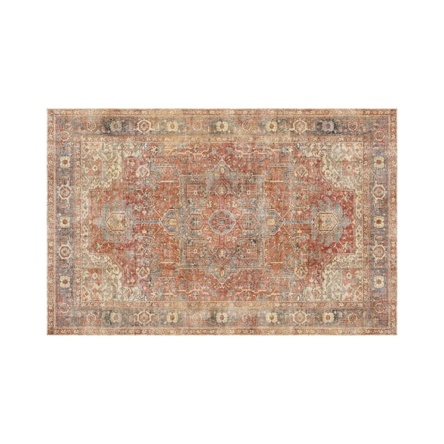 Mainstays Zari Cinnamon Indoor Washable Accent Mat, 30"x45", featuring a vintage medallion pattern in cinnamon, beige, and muted blue tones, low pile construction, and PVC dot backing for stability, ideal for entryways, kitchens, or laundry rooms, and often used as a decorative floor mat.
