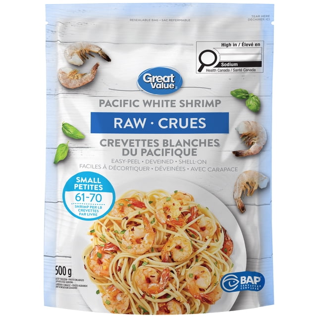 Great Value Raw Pacific White Shrimp 61/70, 500 g (1.1 lb)