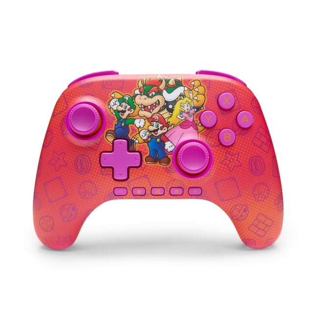 PowerA Advantage Wireless Controller for Nintendo Switch 2 featuring an orange body with pink thumbsticks, D-pad, and buttons, decorated with Mario, Luigi, Princess Peach, and Bowser graphics, designed for ergonomic wireless gameplay with programmable buttons and motion controls.