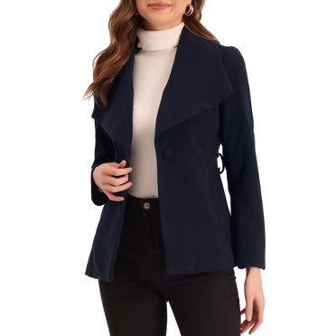 INSPIRE CHIC Women's Shawl Lapel Collar Buttoned Winter Belted Coat with Pockets Dark Blue M