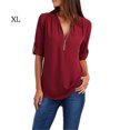 thumbnail image 1 of Haut Femme à Fermeture Éclair Manches Longues Chemisier Col en V Chemise à Fermeture Éclair Décontractée, Rouge Vin, TG, 1 of 2